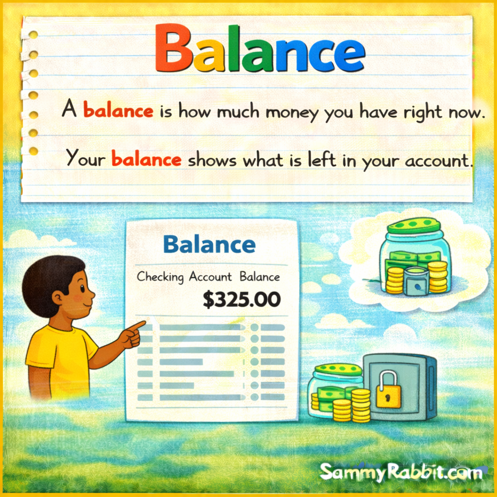 Balance &ndash; kid-friendly picture dictionary money word showing a balance