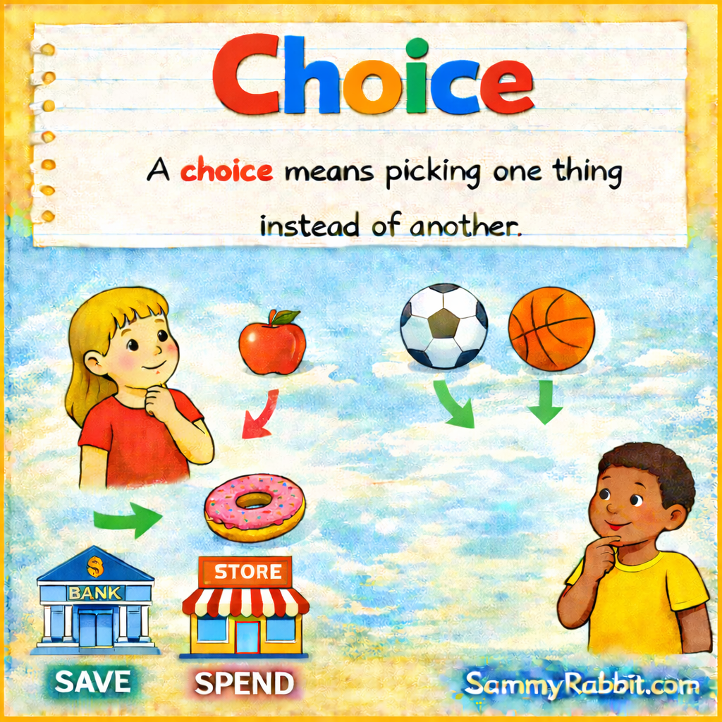 Choice &ndash; kid-friendly picture dictionary money word showing making a choice