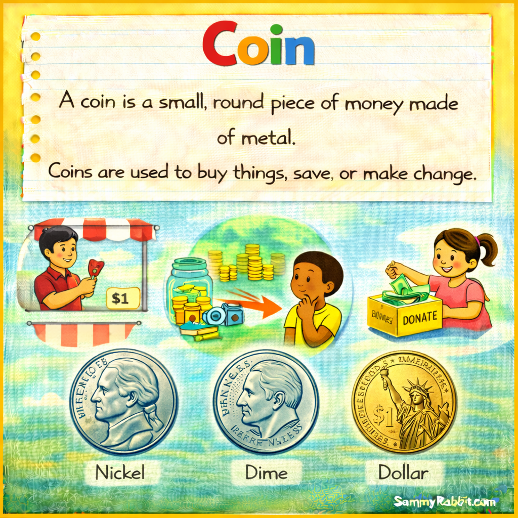 &ndash; kid-friendly picture dictionary money word showing saving money