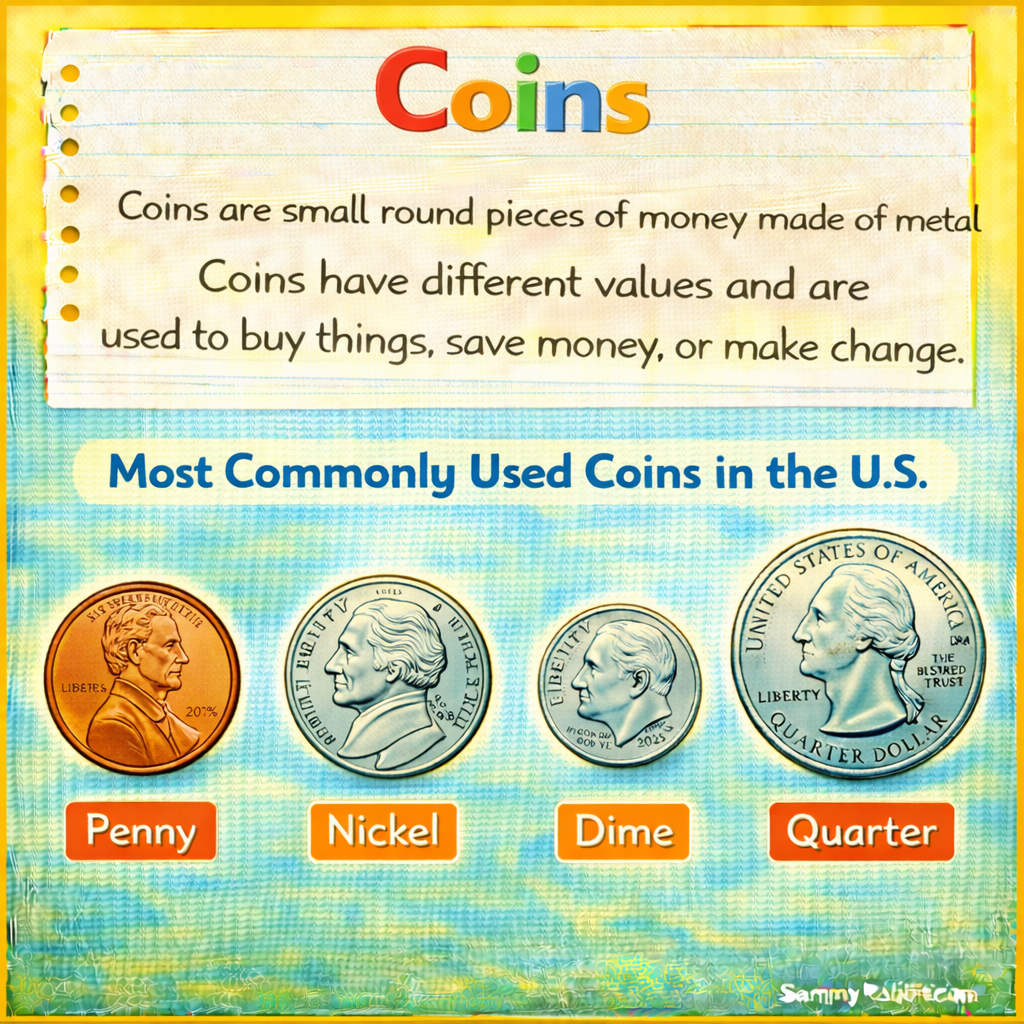 Coins: definition for kids from Sammy Rabbit&rsquo;s kid-friendly money dictionary