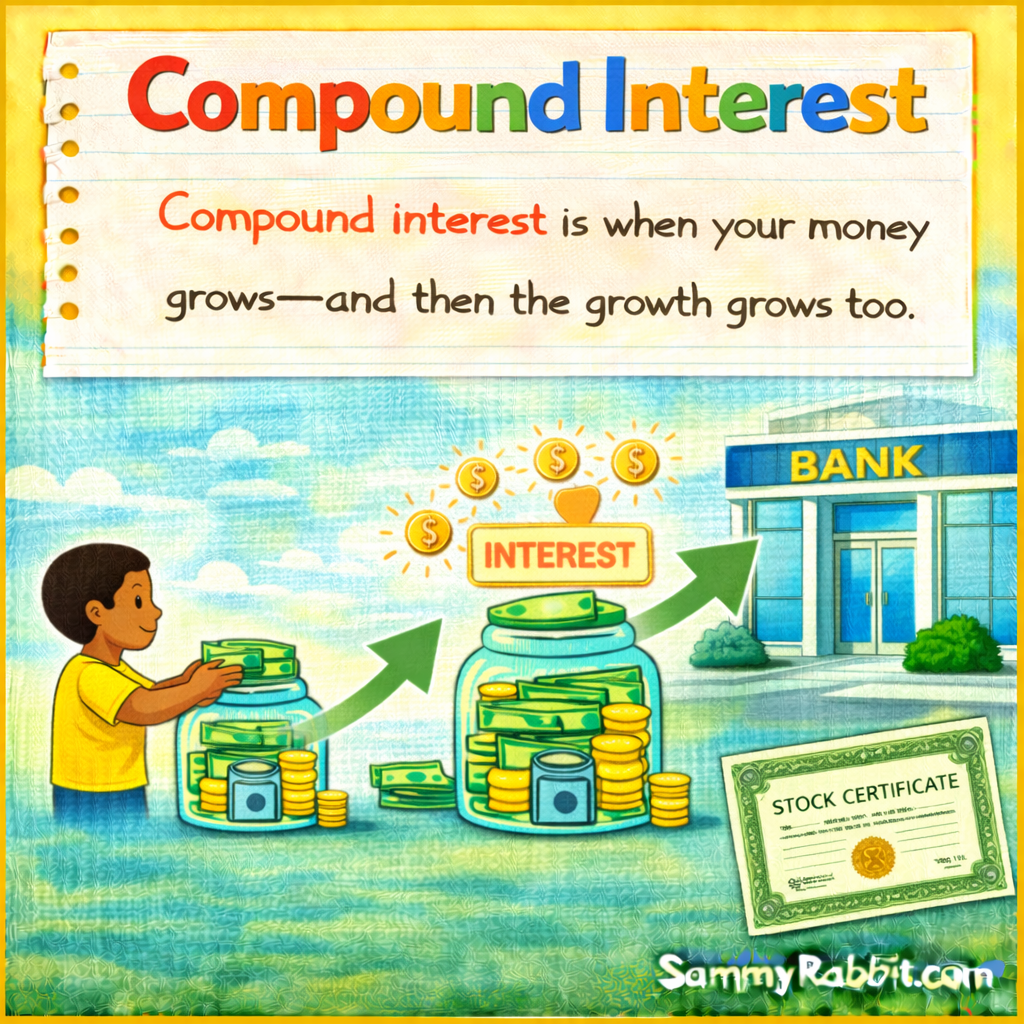 Compound Interest &ndash; kid-friendly picture dictionary money word showing money growing faster over time