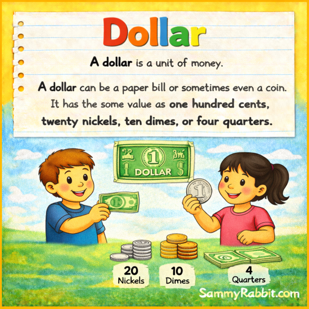 Dollar: definition for kids from Sammy Rabbit&rsquo;s kid-friendly money dictionary