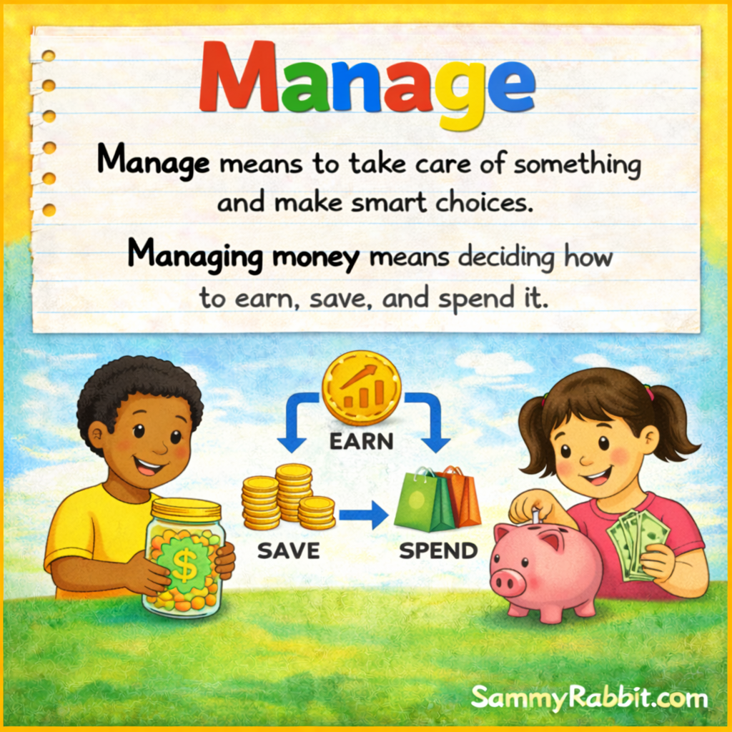 Manage: definition for kids from Sammy Rabbit&rsquo;s kid-friendly money dictionary