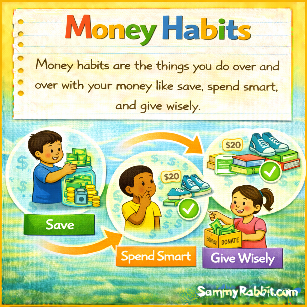 Money Habits &ndash; kid-friendly picture dictionary money word showing good money habits