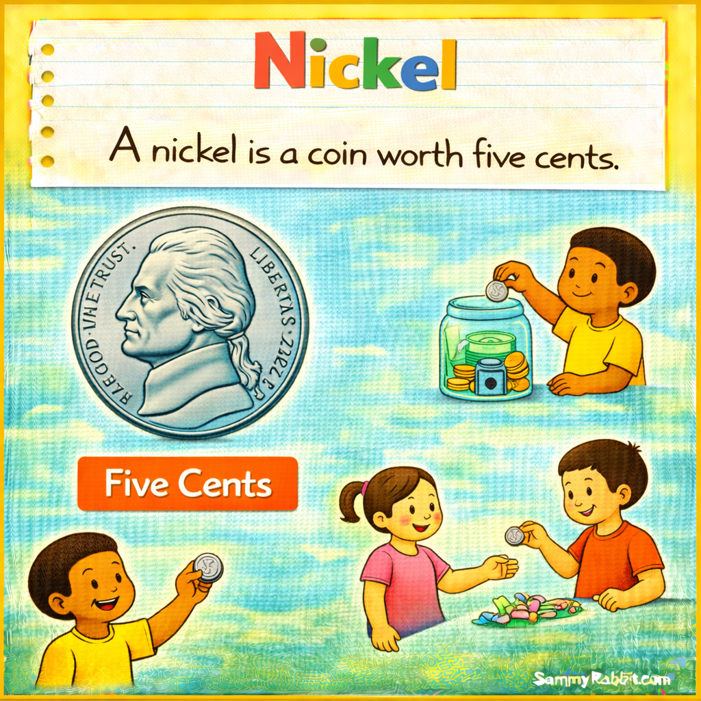 Nickel &ndash; kid-friendly picture dictionary money word showing saving money
