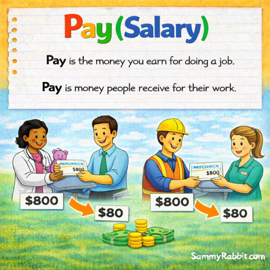 Pay (2 - Salary): A Kid-Friendly Money Dictionary Definition