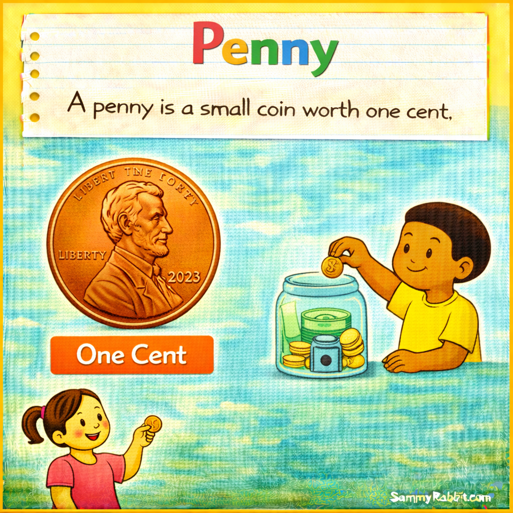Penny &ndash; kid-friendly picture dictionary money word showing saving money