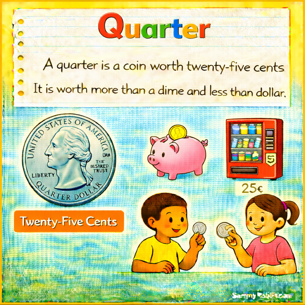 Quarter: definition for kids from Sammy Rabbit&rsquo;s kid-friendly money dictionary