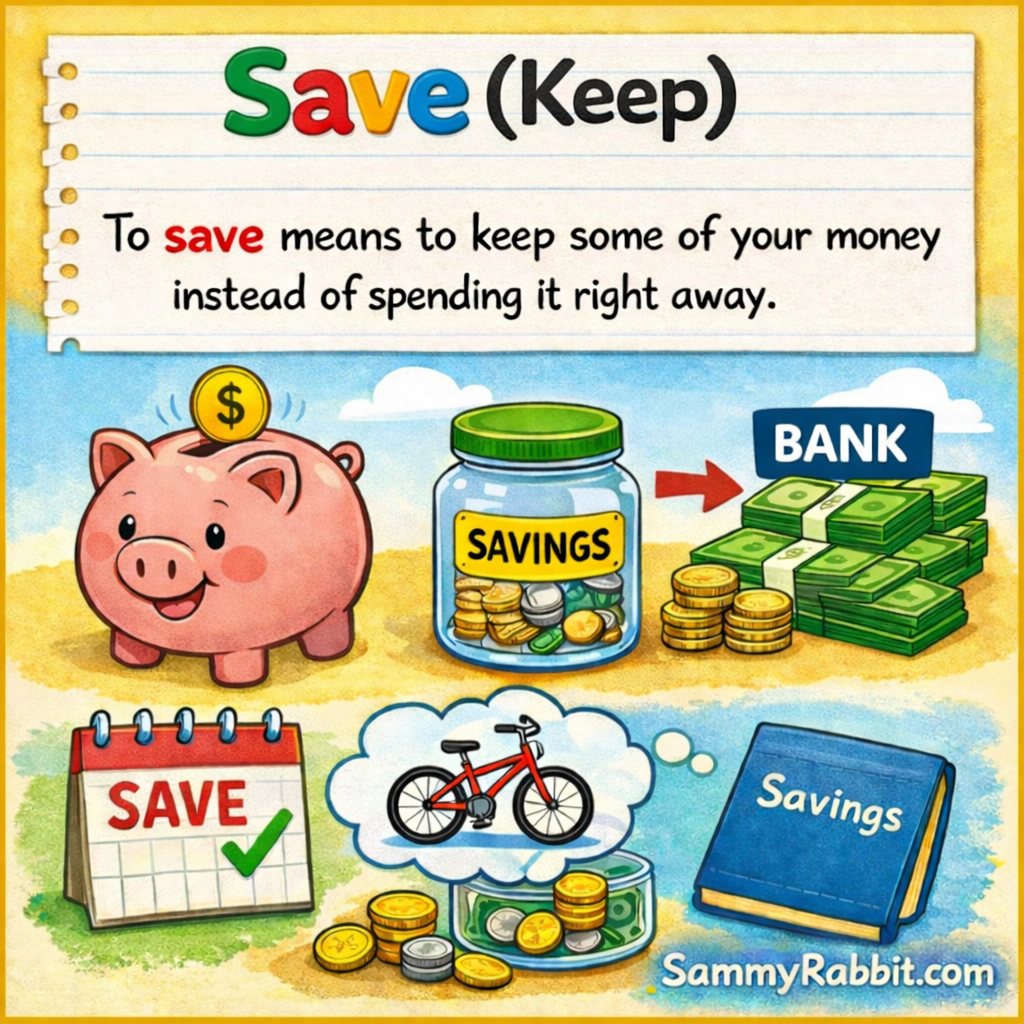 Save (Keep) &ndash; kid-friendly picture dictionary money word showing saving money