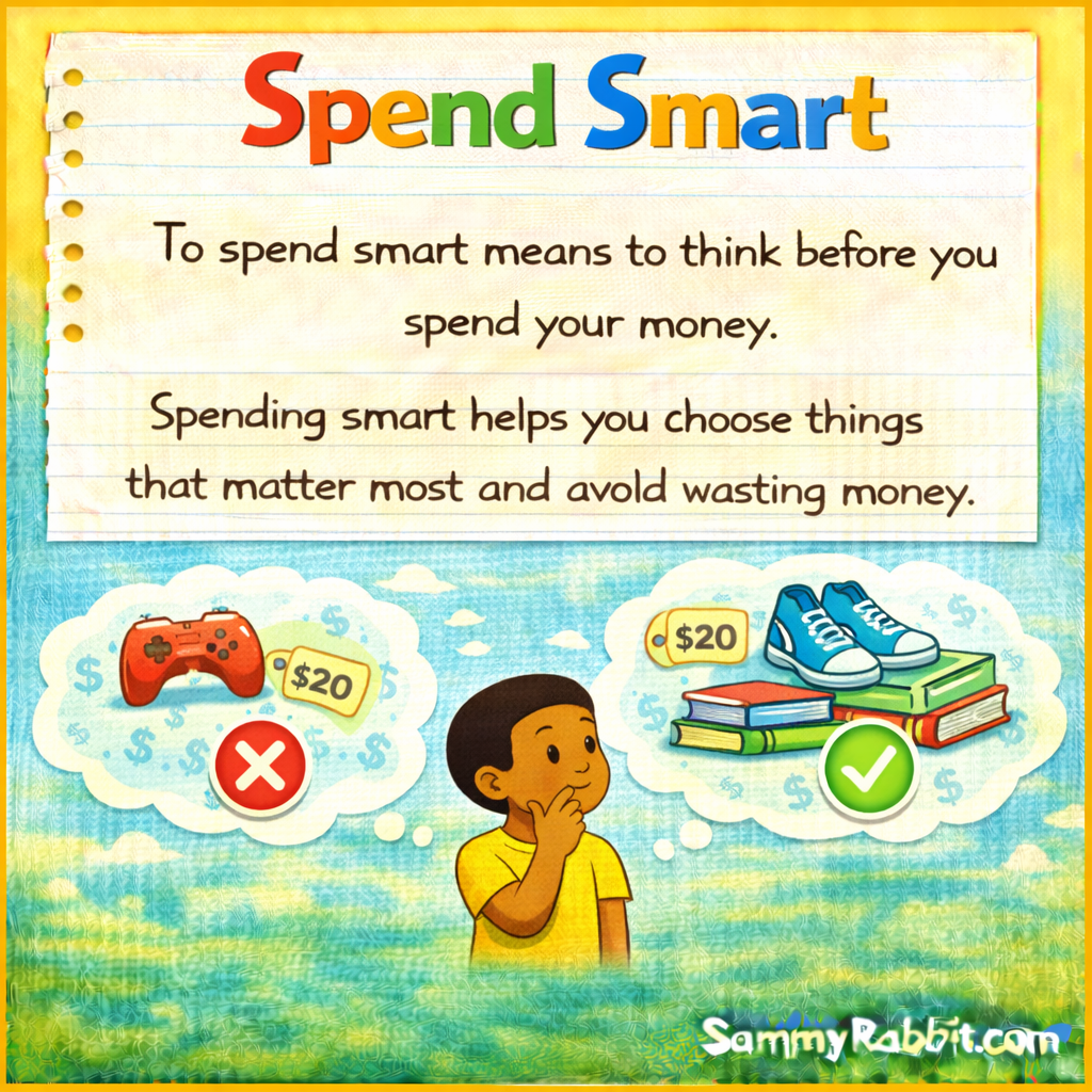 Spend Smart &ndash; kid-friendly picture dictionary money word showing spending money wisely