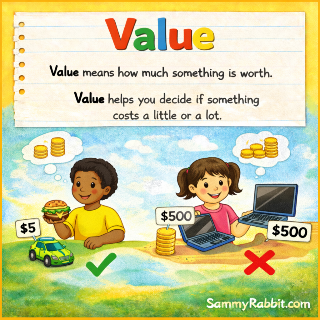 Value: definition for kids from Sammy Rabbit&rsquo;s kid-friendly money dictionary
